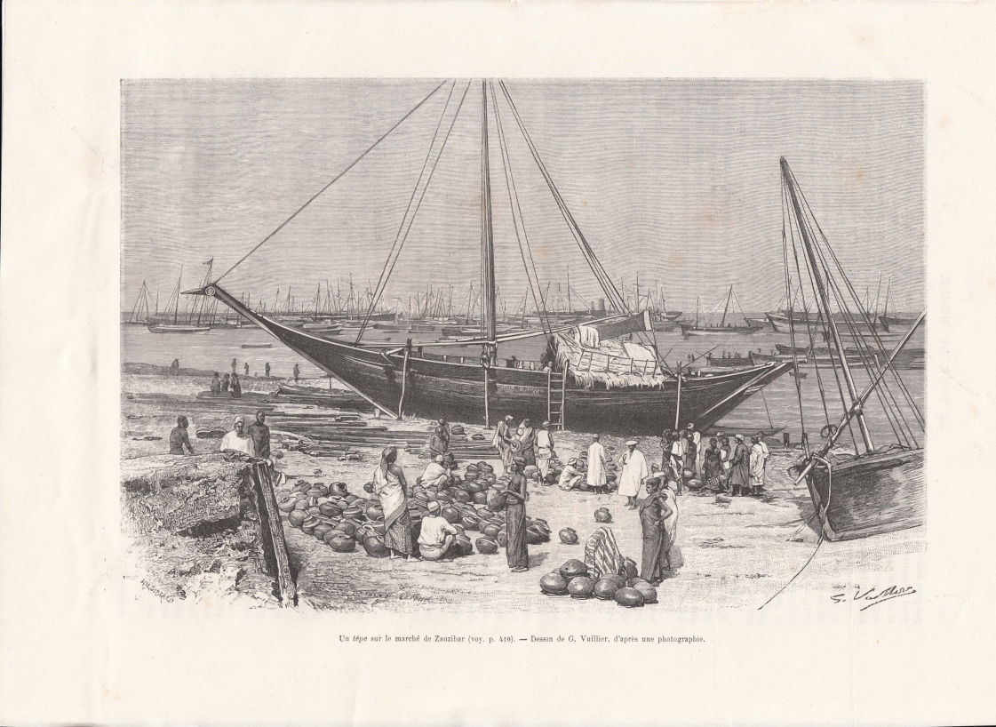 French Sketch. Zanzibar Dhow Harbor 1888. From the French Newspaper Le Tour du Monde